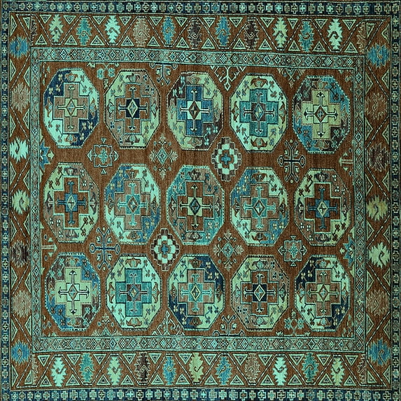Ahgly Company Machine Washable Indoor Square Oriental Turquoise Blue Industrial Area Rugs, 4' Square