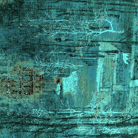 Ahgly Company Machine Washable Indoor Square Oriental Turquoise Blue Industrial Area Rugs, 5' Square