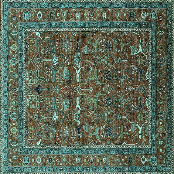 Ahgly Company Machine Washable Indoor Square Oriental Turquoise Blue Industrial Area Rugs, 7' Square