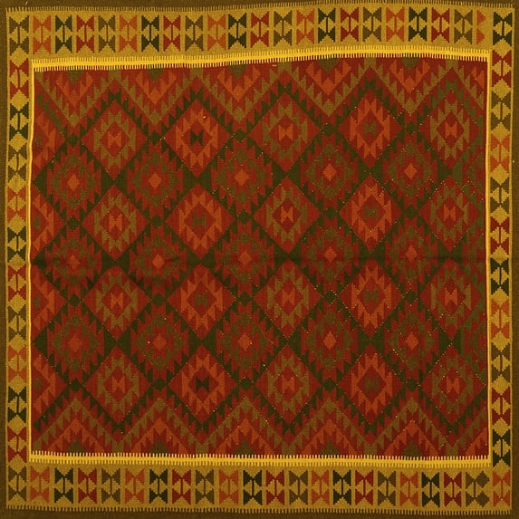 Ahgly Company Machine Washable Indoor Square Oriental Yellow Traditional Area Rugs, 4' Square