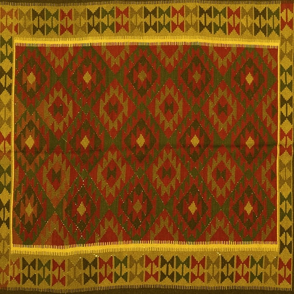 Ahgly Company Machine Washable Indoor Square Oriental Yellow Traditional Area Rugs, 5' Square