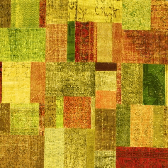 Ahgly Company Machine Washable Indoor Square Patchwork Yellow Transitional Area Rugs, 5' Square