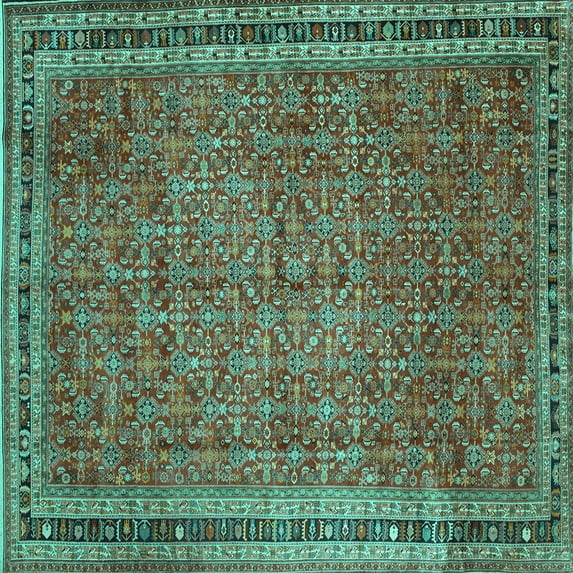 Ahgly Company Machine Washable Indoor Square Persian Turquoise Blue Traditional Area Rugs, 5' Square