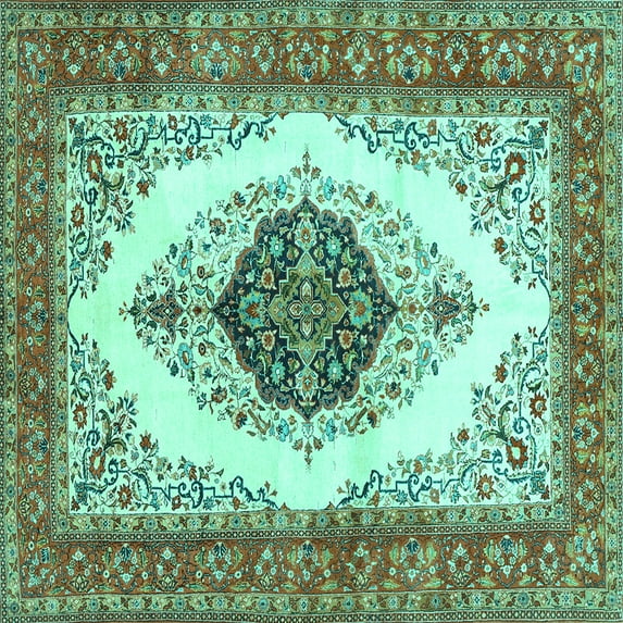 Ahgly Company Machine Washable Indoor Square Persian Turquoise Blue Traditional Area Rugs, 7' Square