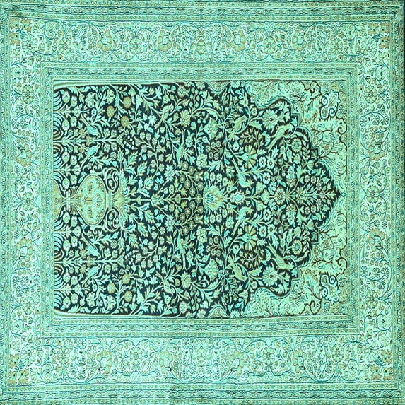 Ahgly Company Machine Washable Indoor Square Persian Turquoise Blue Traditional Area Rugs, 8' Square