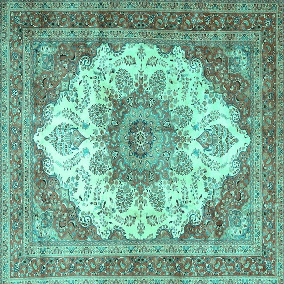 Ahgly Company Machine Washable Indoor Square Persian Turquoise Blue Traditional Area Rugs, 8' Square