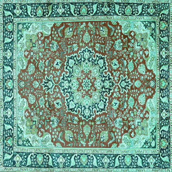 Ahgly Company Machine Washable Indoor Square Persian Turquoise Blue Traditional Area Rugs, 8' Square