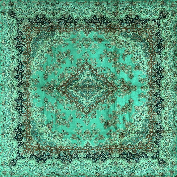 Ahgly Company Machine Washable Indoor Square Persian Turquoise Blue Traditional Area Rugs, 8' Square
