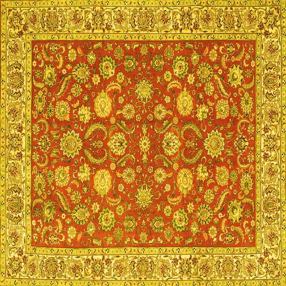 Ahgly Company Machine Washable Indoor Square Persian Yellow Traditional Area Rugs, 3' Square