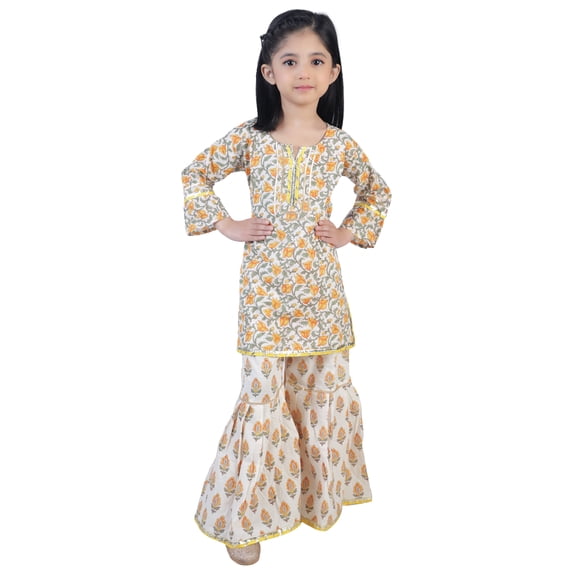 Ahhaaaa Kids Ethnic Cotton Jaipuri Printed Frill Sleeves Kurti and Sharara Set for Baby Girls