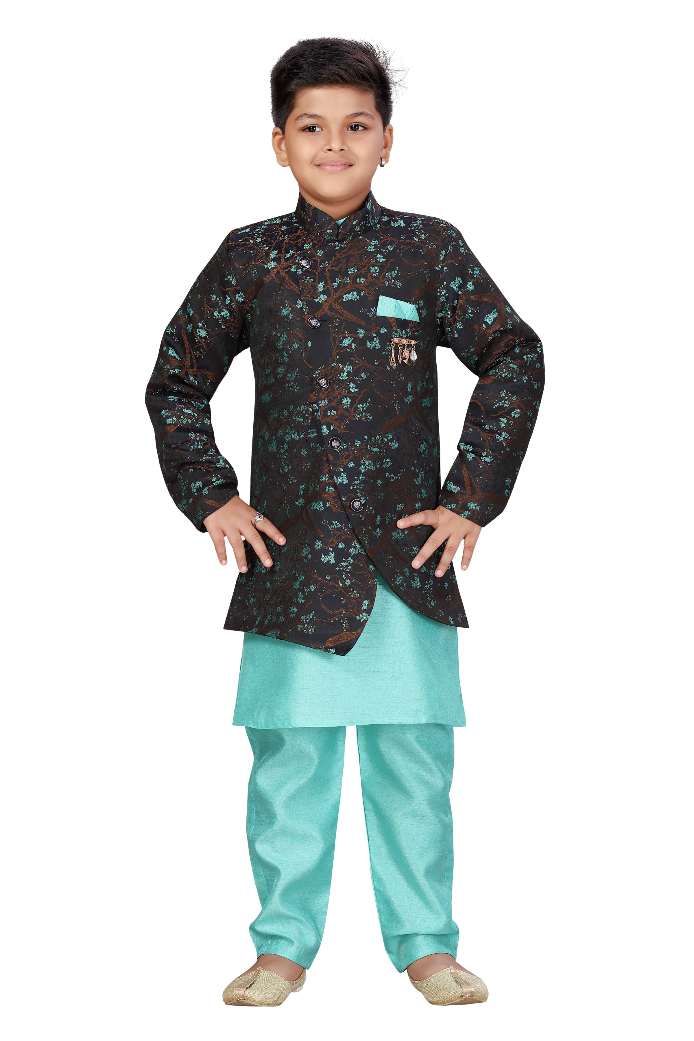 Ahhaaaa Boy's Cotton 2 Piece Indo-Western Set/Kids Ethnic Wear Jaquard Sherwani 496NF