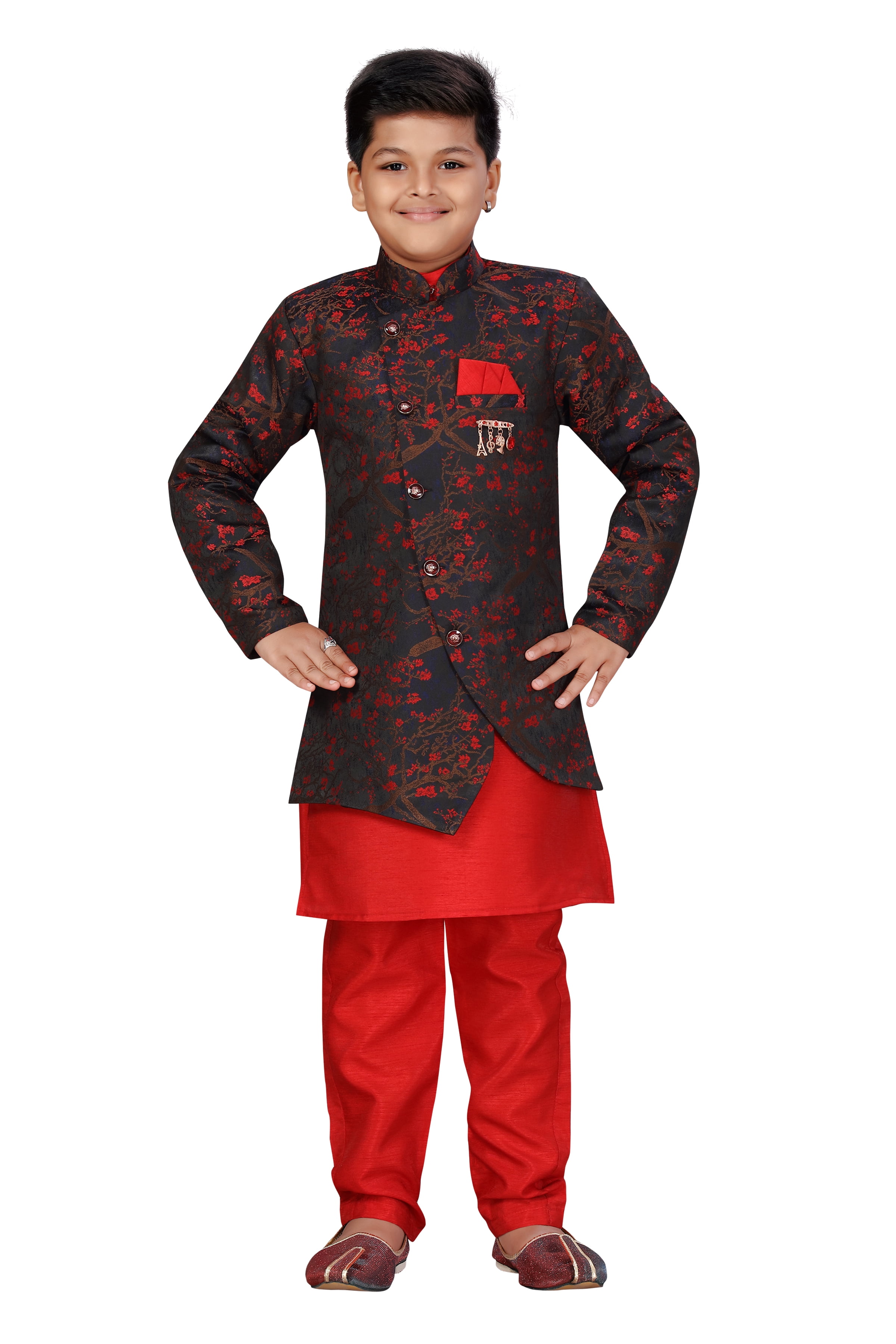 Ahhaaaa Ethnic Sequin Work Indo-Western 3-Piece Set with Maala for Boys