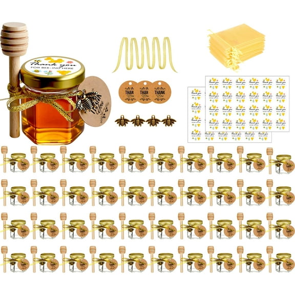Ahhute Honey Pot, Mini Honey Jars with Dipper, Glass Honey Jars Baby Shower Favors, Party Favors & Wedding Favors, Lid, Bee Pendants, Gold Fabric Ribbons and Gold Organza Bags, 40 Pack 1.5oz Y102