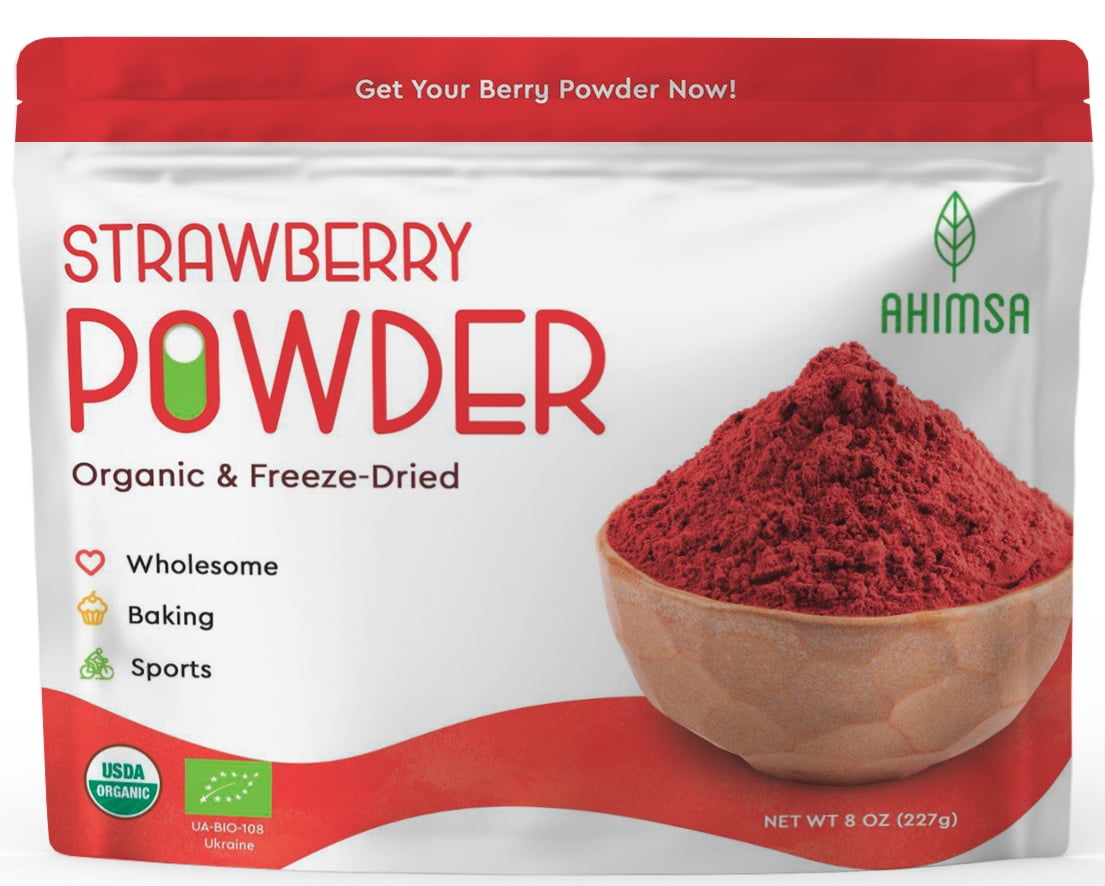 Ahimsa, Organic Freeze Dried Strawberry Powder, for Smoothie, Milk and Backing, USDA Certified, Fruit Drink Powder 8 OZ