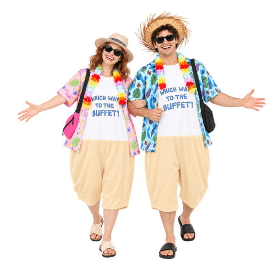 Ahititi 12-Piece Tacky Tourist Couples Costume Set, Hawaiian Outfits for Men & Women, Halloween,Luau Party,Cosplay