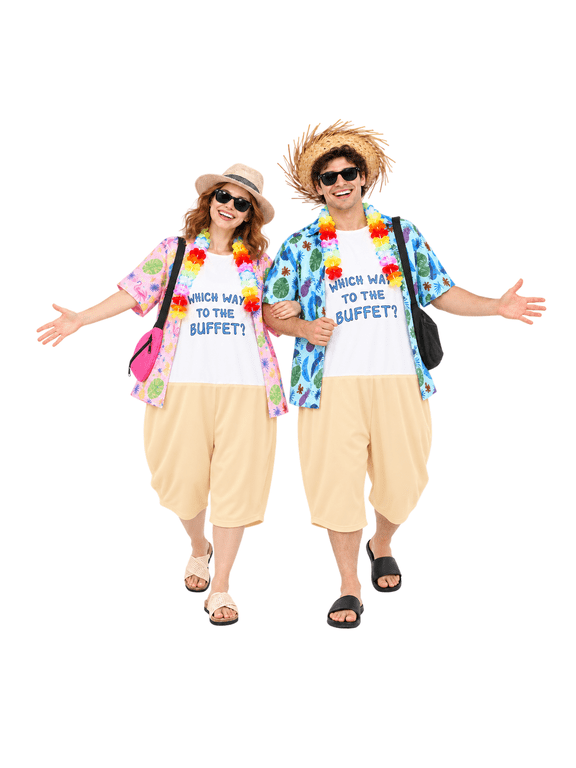 12-Piece Tacky Tourist Couples Costume Set, Hawaiian Outfits for Men & Women, Halloween,Luau Party,Cosplay