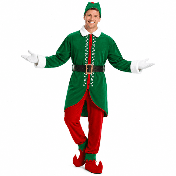 Ahititi Adult Christmas Elf Costume for Men, 6-Piece Green and Red Outfit for Santa Helper Cosplay and Christmas Parties,3XL