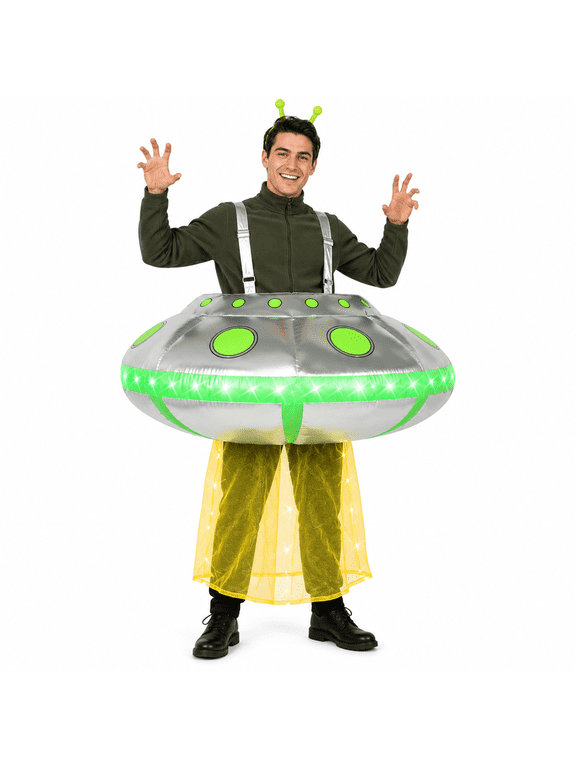 Adult Inflatable UFO Halloween Costume with LED Lights, Alien Spaceship Blow Up Suit with Fan for Cosplay,Party