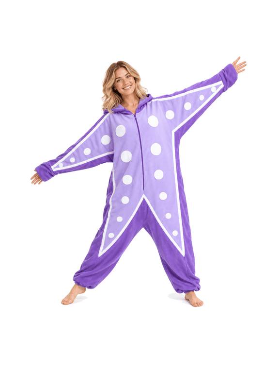 Adult Starfish Halloween Costume, Purple Starfish Onesie with Hood, Cozy Animal Pajama Costume for Party, Cosplay