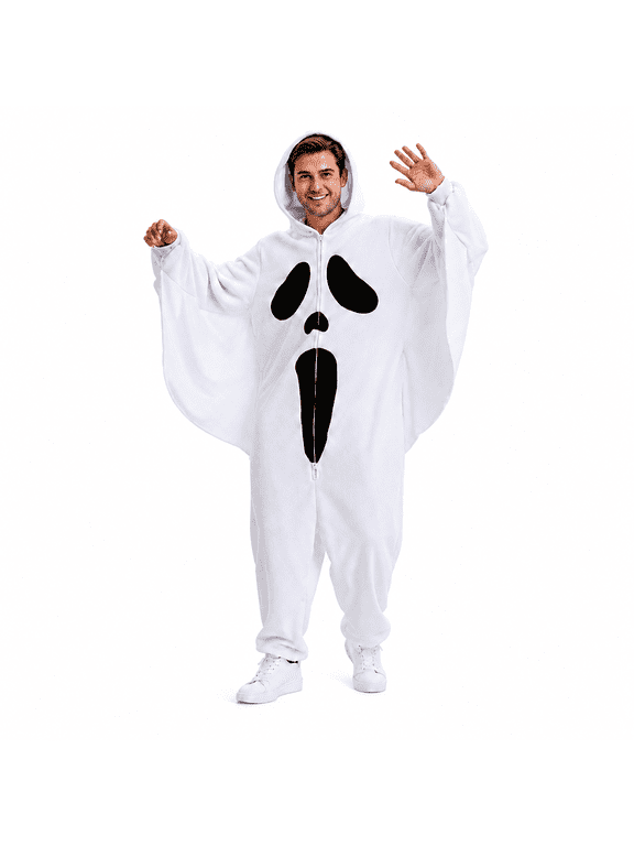 Man Adult Ghost Halloween Costume, White Hooded Zip-Up Polar Fleece Onesie for Halloween Cosplay,Party,3XL
