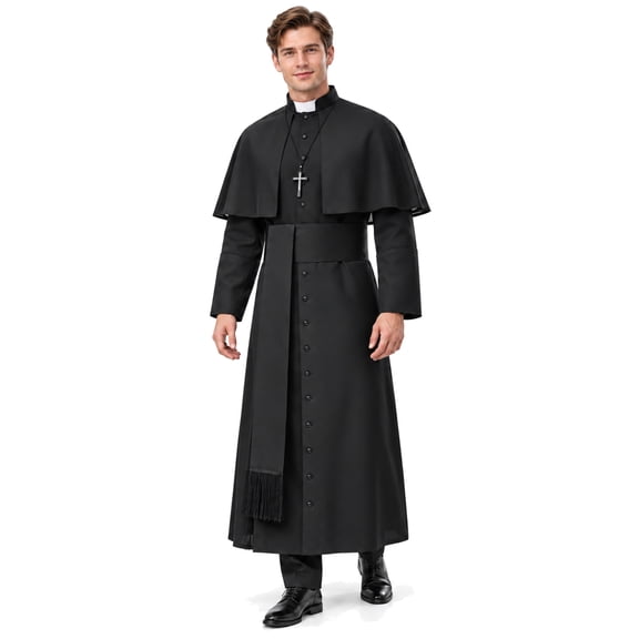 Ahititi Men's Priest Costume, 5-Piece Black Robe Set with Collar and Cross Necklace for Halloween Parties,Cosplay and Carnival