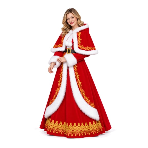 Ahititi Women's Mrs. Claus Costume Set, Red and Gold Long Santa Dress with Hooded Capelet and Belt for Christmas Party