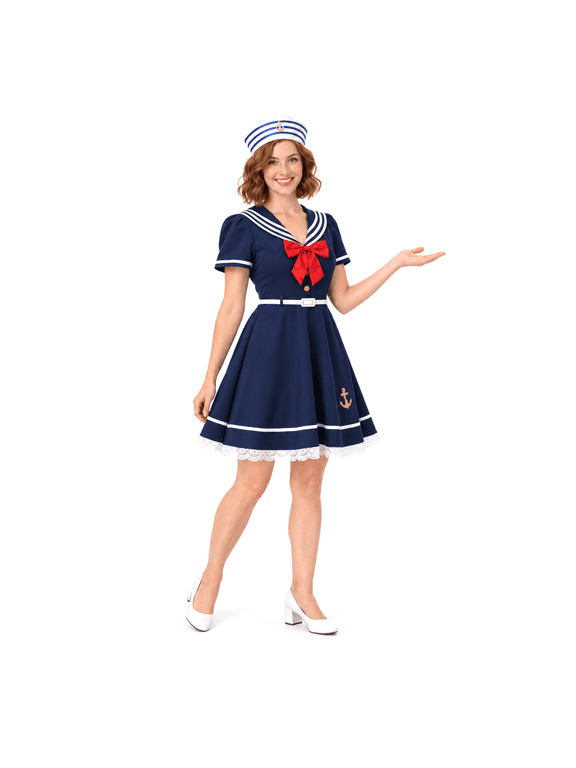 Women’s Sailor Costume, 3-Piece Navy Sailor Dress with Hat and Belt for Halloween, Cosplay & Theme Party,Carnival,M