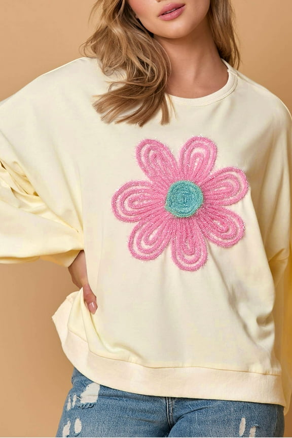 Autumn Style Essential: Shiny Tinsel Flower Puff Sleeve Sweater - Sizes S-XL!