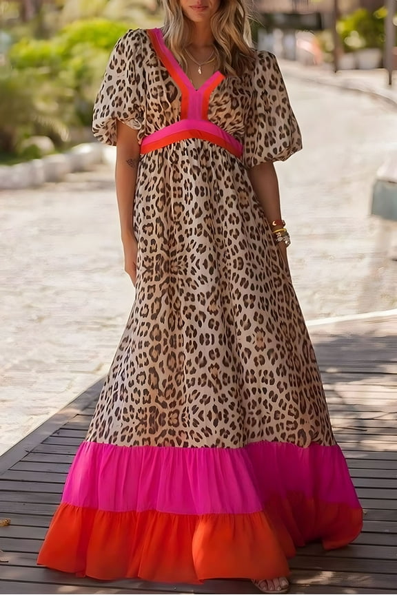 Bright Pink Leopard Patchwork Bubble Sleeve Maxi with Flattering V-Neck