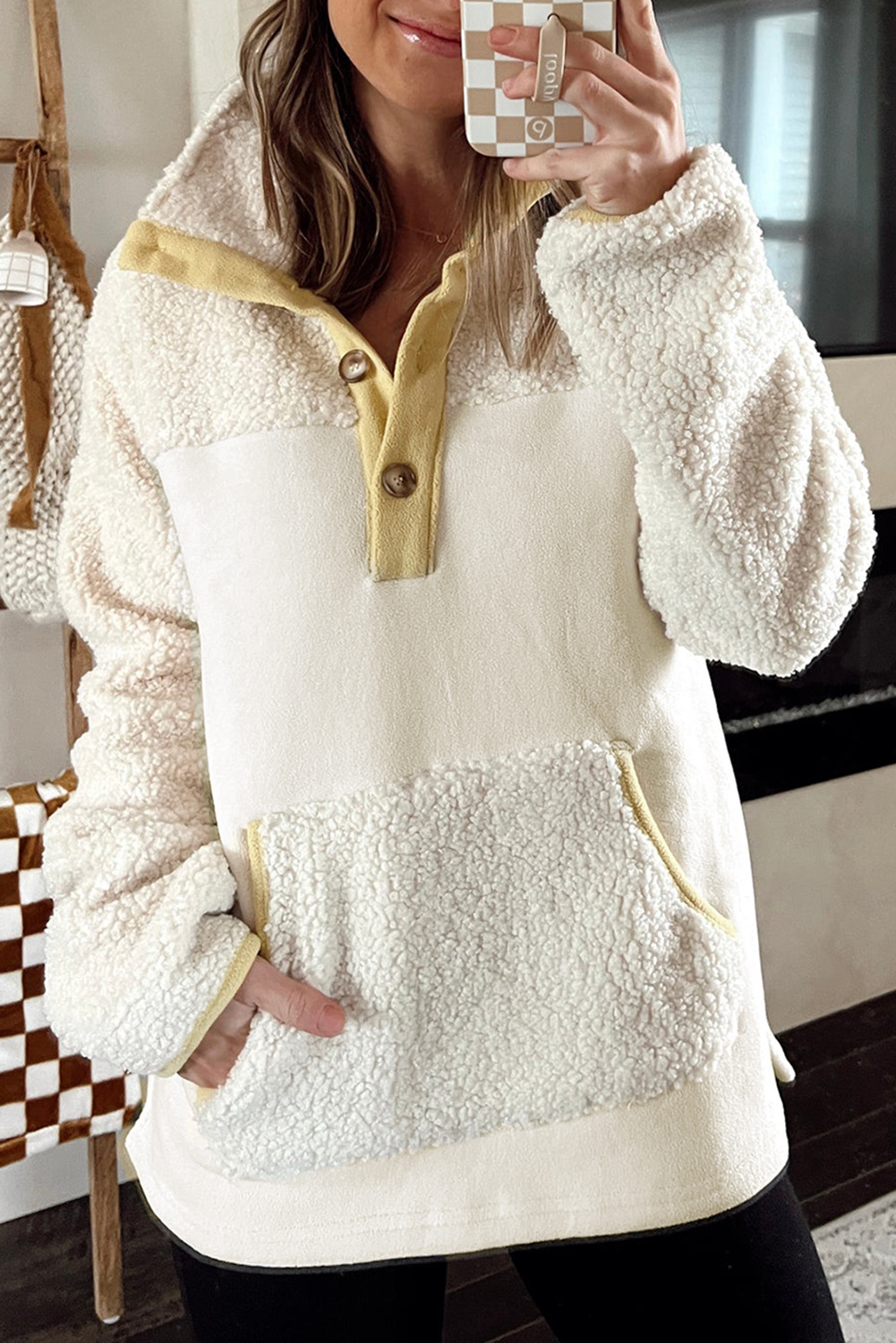 Ahlaray Chic Beige Fleece Henley – Long Sleeve, Trendy Colorblock ...
