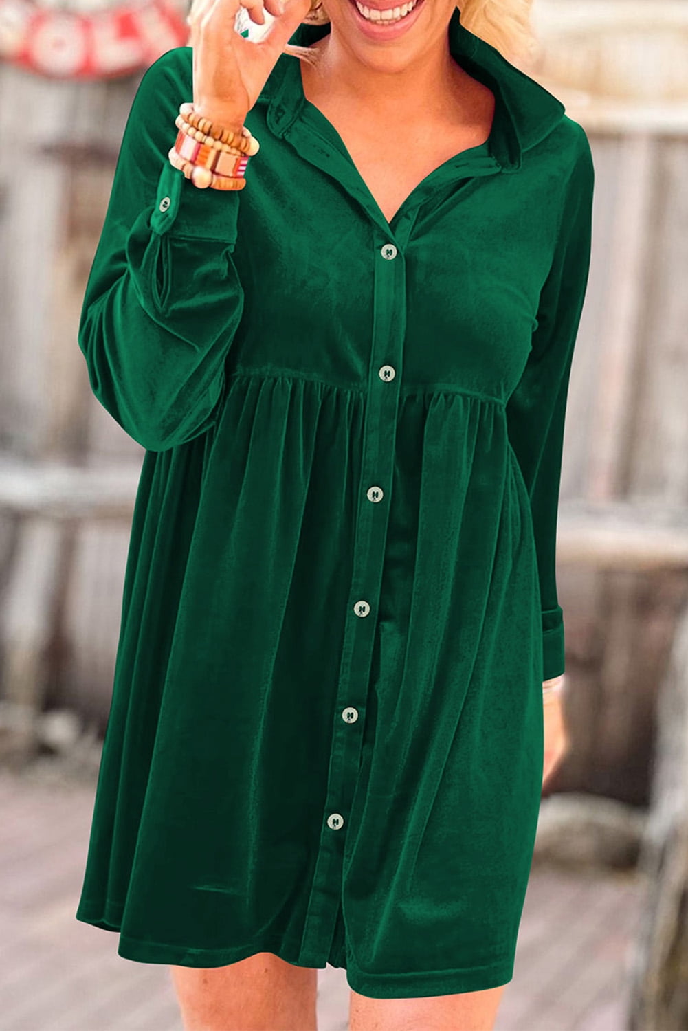 Ahlaray EcoChic! Green Ruffle Velvet ButtonUp Mini Dress for Winter — free download