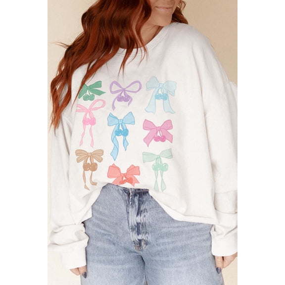 Ahlaray Elegant Bowknot Print Drop Shoulder Loose Sweats - Perfect Daily Vibe!