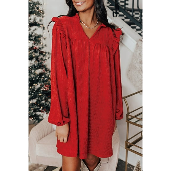Ahlaray Elegant Fiery Red Textured V Neck Ruffle Mini Dress