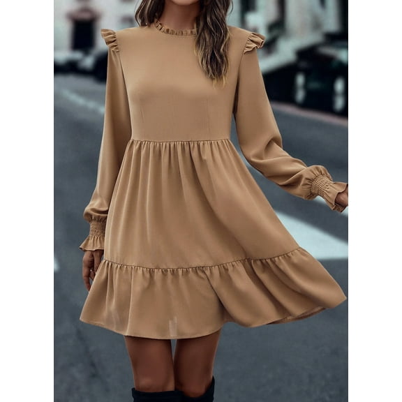 Ahlaray Elegant French Charm: Light Beige Frilled Collar Tiered Mini Dress