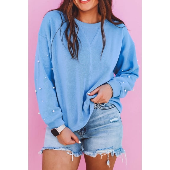 Ahlaray Elegant Pearl Sleeves Pullover - Drop Shoulder, Round Neck, Long Sleeve, Casual Chic