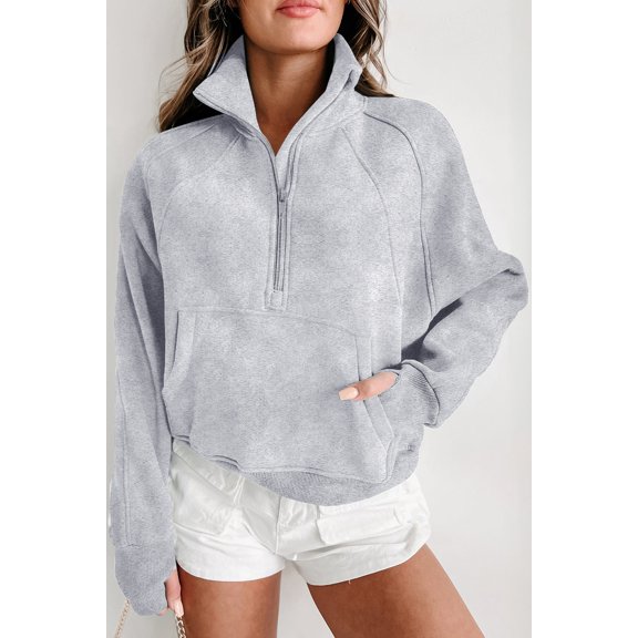 Ahlaray Essential Grey Zip-Up Stand Collar - Cozy & Trendy for Women!