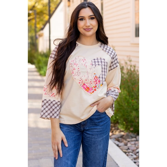 Ahlaray Floral Heart Plaid Wide Sleeve Top - Country Chic Style