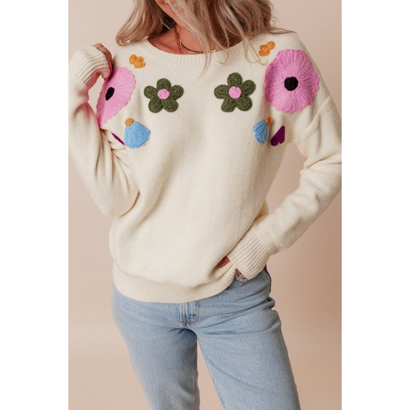 Ahlaray Floral Knit Beige Sweater - Stylish Ribbed Crewneck for Any Occasion