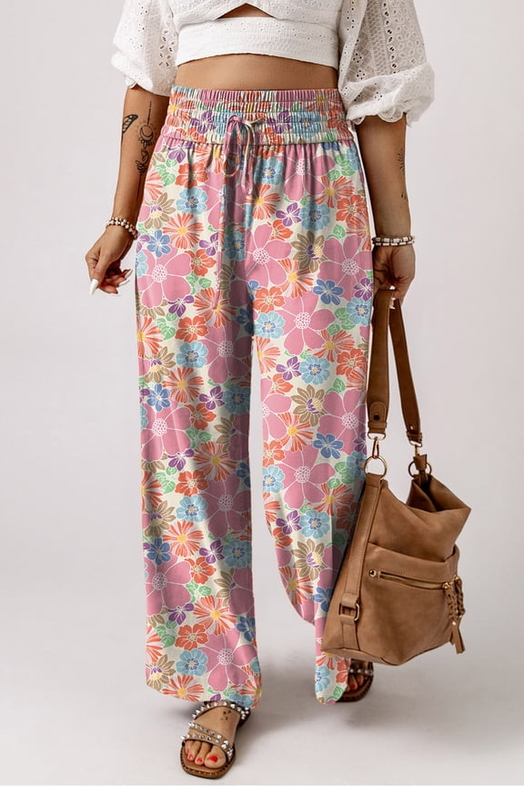 Floral Smocked Pants: Effortless Elegance in Soft Pink - Sizes S-XL