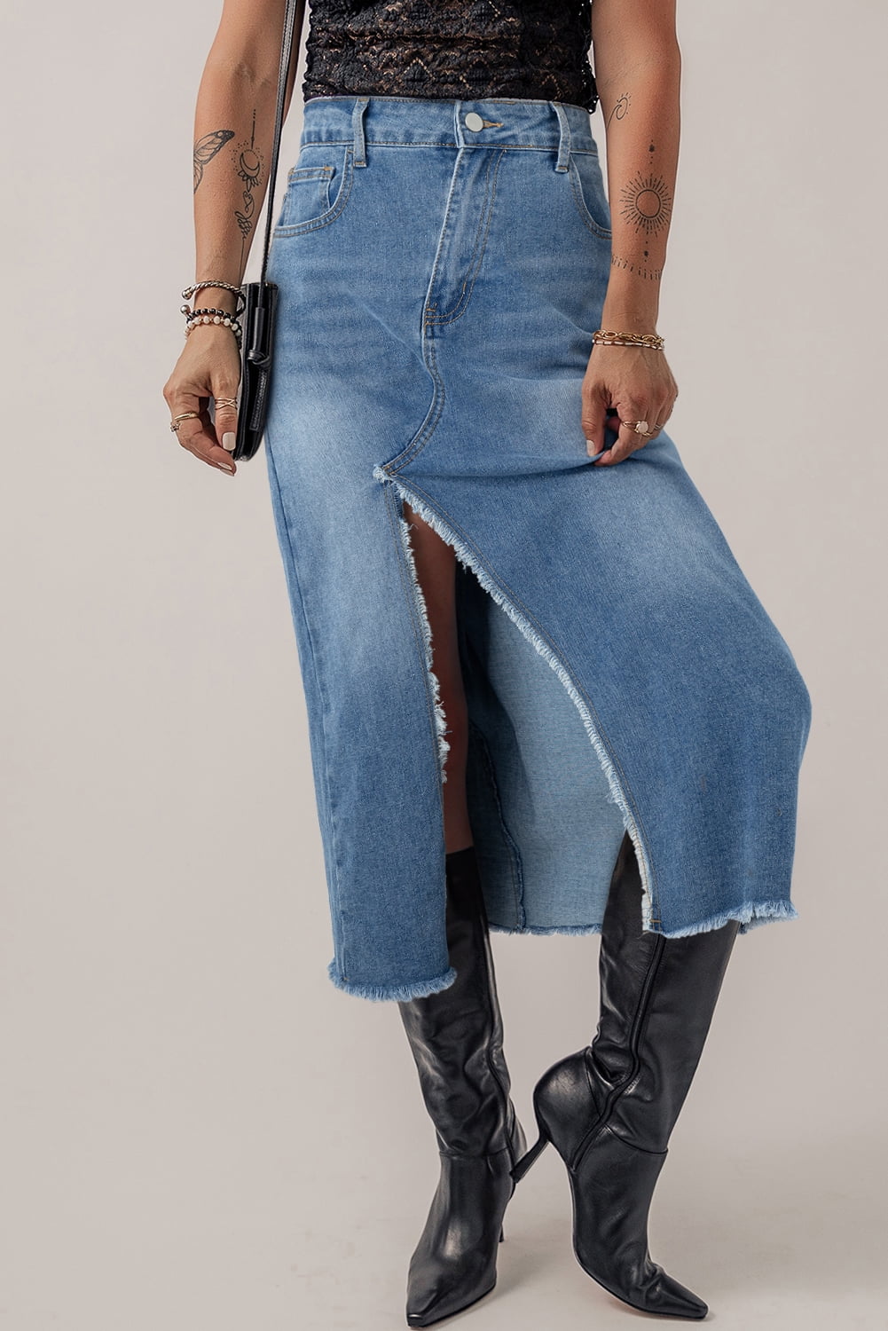 Single-Breasted Dark Wash Blue Midi Denim Skirt with Split Hem Casual Style for Women