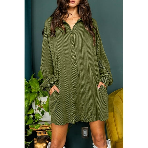 Ahlaray Moss Green Textured Button-down Collar Drop Shoulder Mini Dress