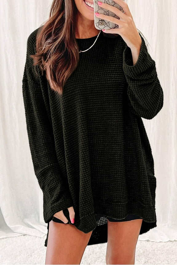 Oversized Long Sleeve Waffle Knit - Casual Side Slit Top