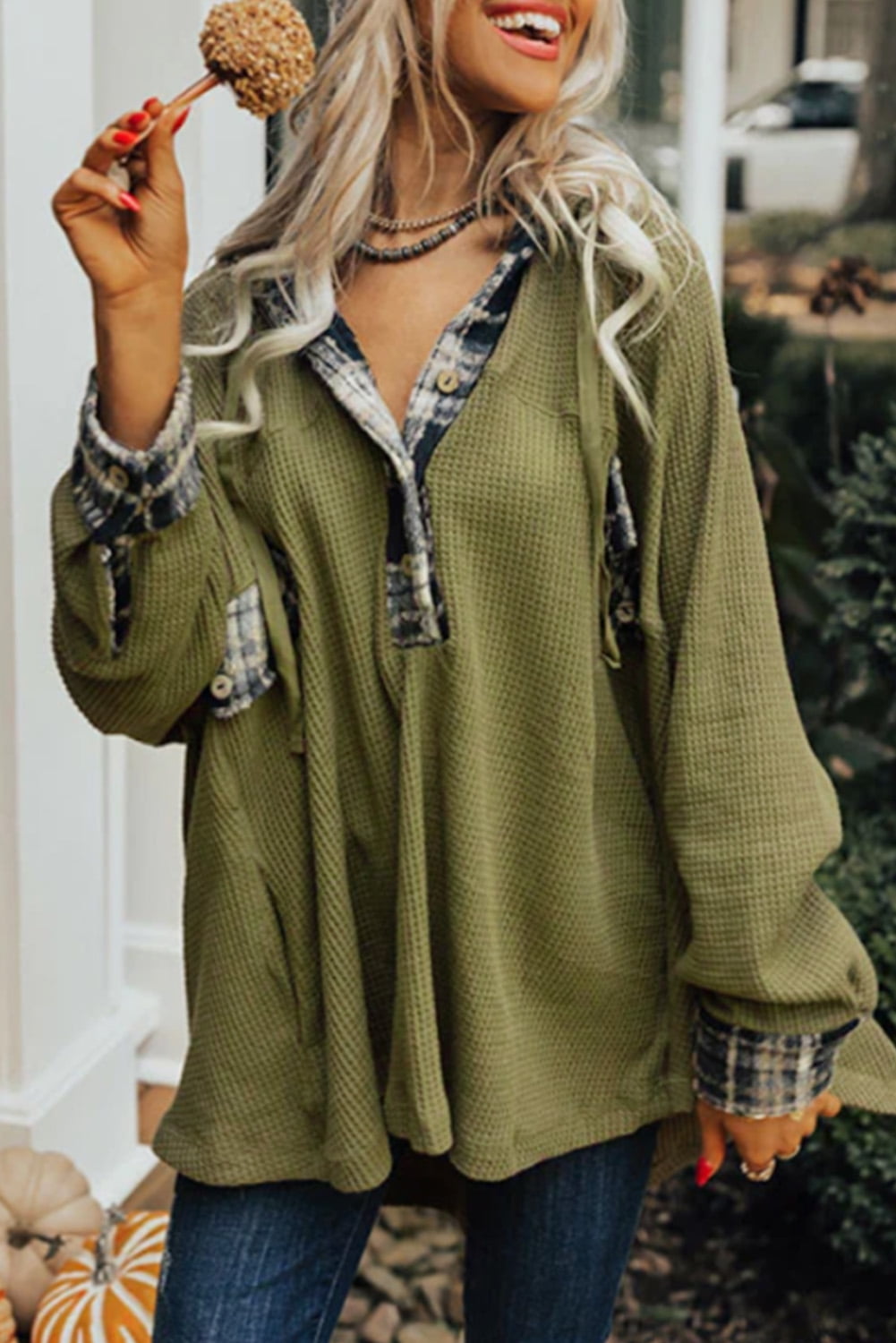 Women's Plaid Relaxed Henley Knit Top main image 1