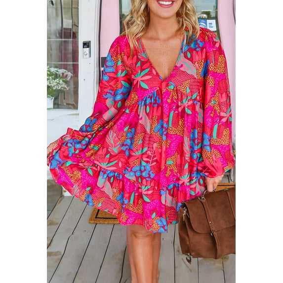 Ahlaray Rose Tropical Print Lantern Sleeve V Neck Ruffled Plus Size Mini