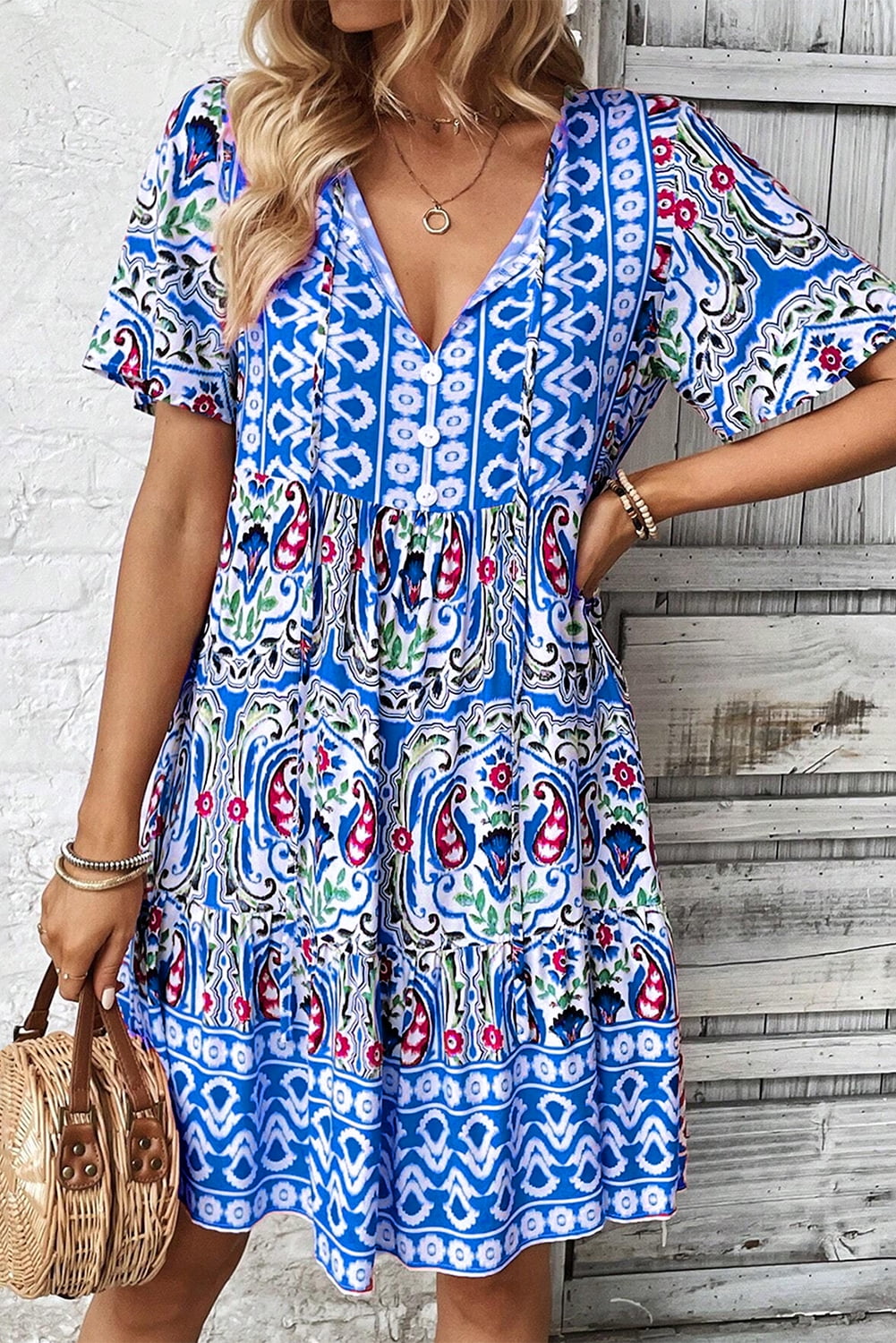 Ahlaray Sky Blue Bohemian Print Tie Neck Mini Dress, Your Free-Spirited