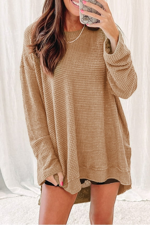 Versatile Khaki Waffle Knit Top - Effortless Chic, All-Day Comfort!