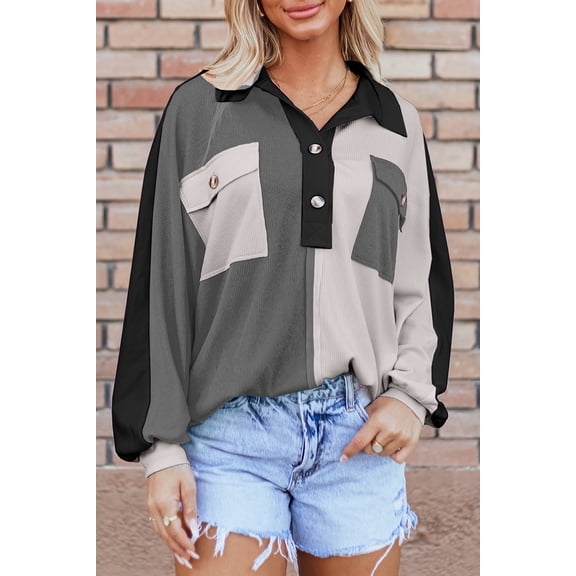 Ahlaray Vibe with the Trendy Gray Colorblock Collared Oversized Hoodie - Stand Out in Style!