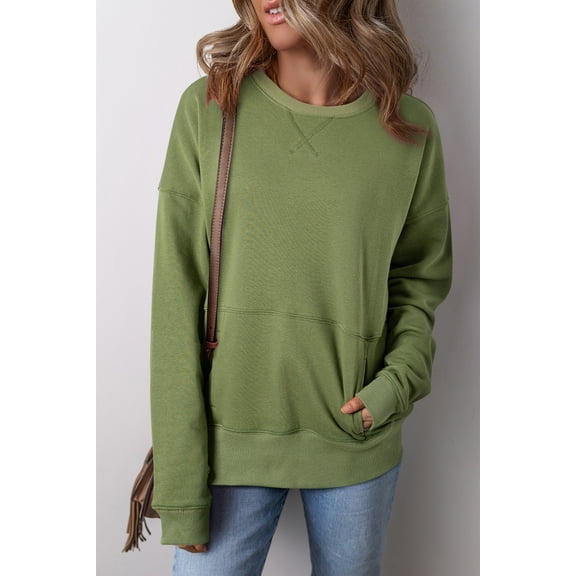 Ahlaray Vineyard Green Oversized Pullover with Cross-Stitch Pockets, Casual Long-Sleeve Sweatshirt