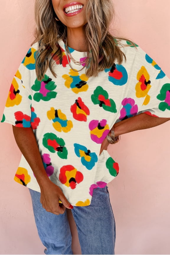 Vivacious Apricot Leopard Tee - oversized drop shoulder, embrace summer style!