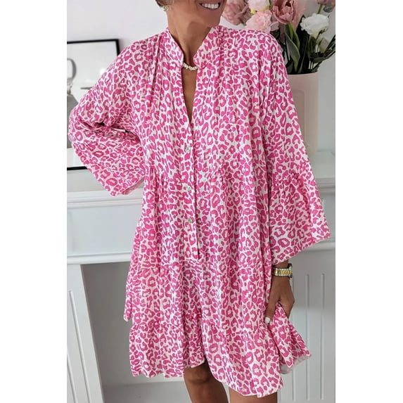 Ahlaray Wild Leopard Print, Comfortable Loose Fit - Bright Pink Long Sleeve Mini Dress